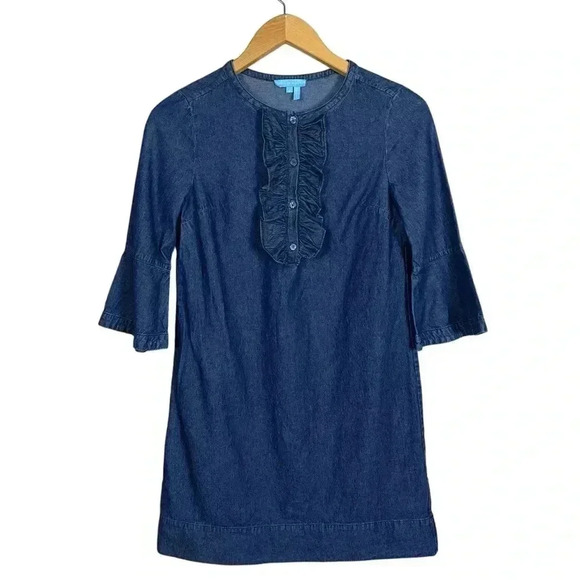 Draper James Vintage Chambray Demin Ruffle Shift Dress Size 4 - Picture 2 of 7